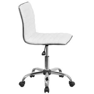 English Elm Alan Low Back Designer Armless Ribbed Swivel Task Chair for Stylish Comfort in Any Workspace White Vinyl/Chrome Frame DS-512B-WH-GG