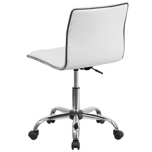 English Elm Alan Low Back Designer Armless Ribbed Swivel Task Chair for Stylish Comfort in Any Workspace White Vinyl/Chrome Frame DS-512B-WH-GG