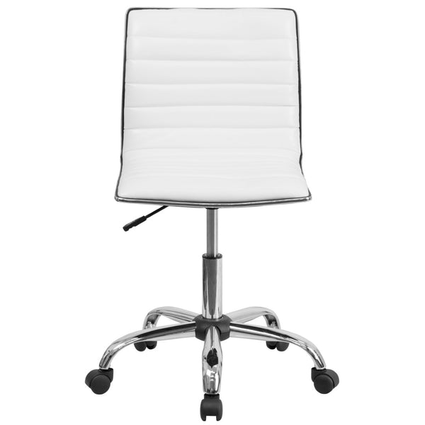English Elm Alan Low Back Designer Armless Ribbed Swivel Task Chair for Stylish Comfort in Any Workspace White Vinyl/Chrome Frame DS-512B-WH-GG