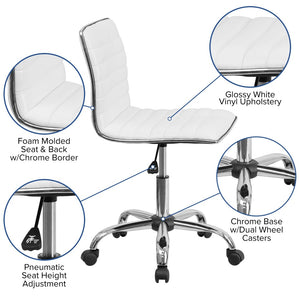 English Elm Alan Low Back Designer Armless Ribbed Swivel Task Chair for Stylish Comfort in Any Workspace White Vinyl/Chrome Frame DS-512B-WH-GG