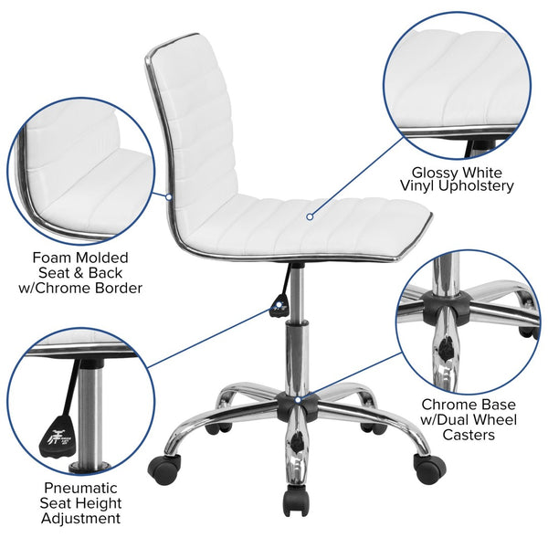English Elm Alan Low Back Designer Armless Ribbed Swivel Task Chair for Stylish Comfort in Any Workspace White Vinyl/Chrome Frame DS-512B-WH-GG