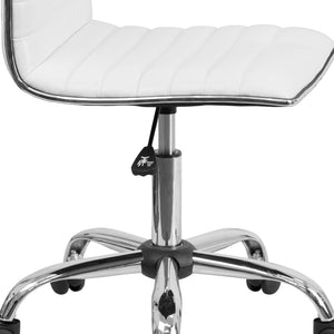 English Elm Alan Low Back Designer Armless Ribbed Swivel Task Chair for Stylish Comfort in Any Workspace White Vinyl/Chrome Frame DS-512B-WH-GG