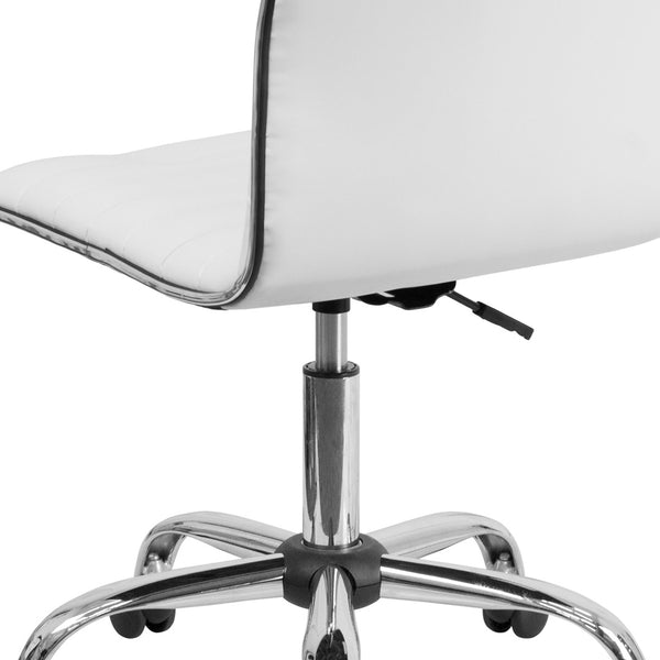 English Elm Alan Low Back Designer Armless Ribbed Swivel Task Chair for Stylish Comfort in Any Workspace White Vinyl/Chrome Frame DS-512B-WH-GG