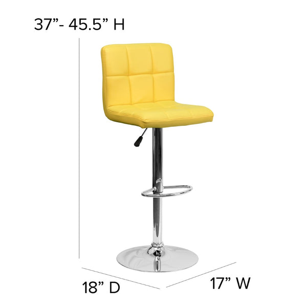 English Elm Kathleen Contemporary Quilted Vinyl Adjustable Height Barstool with Chrome Base for Modern Spaces Yellow DS-810-MOD-YEL-GG