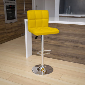 English Elm Kathleen Contemporary Quilted Vinyl Adjustable Height Barstool with Chrome Base for Modern Spaces Yellow DS-810-MOD-YEL-GG