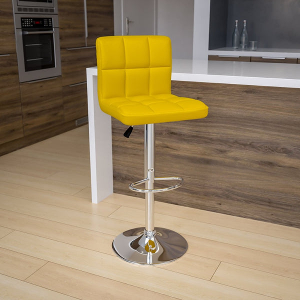 English Elm Kathleen Contemporary Quilted Vinyl Adjustable Height Barstool with Chrome Base for Modern Spaces Yellow DS-810-MOD-YEL-GG