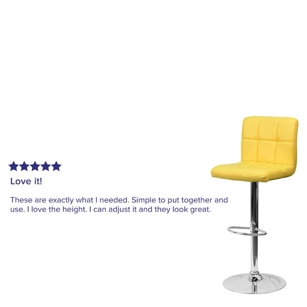 English Elm Kathleen Contemporary Quilted Vinyl Adjustable Height Barstool with Chrome Base for Modern Spaces Yellow DS-810-MOD-YEL-GG