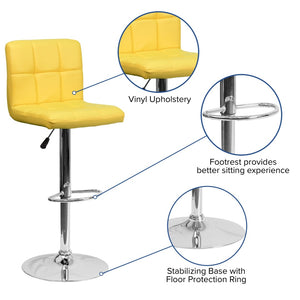 English Elm Kathleen Contemporary Quilted Vinyl Adjustable Height Barstool with Chrome Base for Modern Spaces Yellow DS-810-MOD-YEL-GG