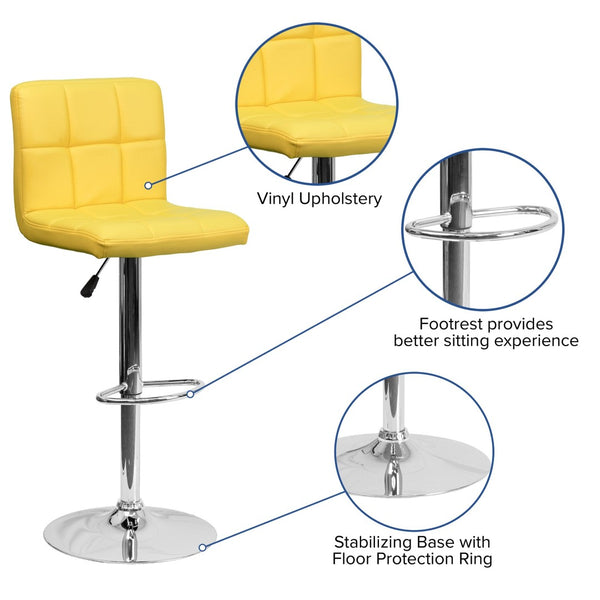 English Elm Kathleen Contemporary Quilted Vinyl Adjustable Height Barstool with Chrome Base for Modern Spaces Yellow DS-810-MOD-YEL-GG