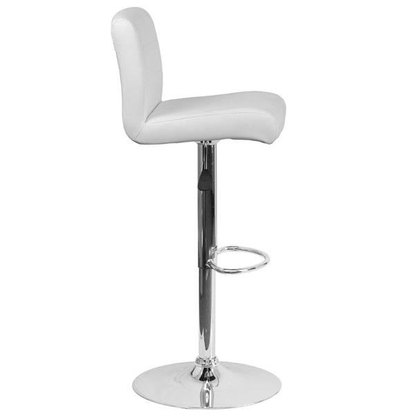 English Elm Scott Contemporary Vinyl Adjustable Height Barstool with Chrome Base for Modern Dining Spaces White DS-8101B-WH-GG
