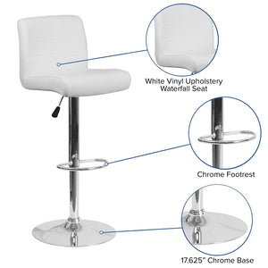 English Elm Scott Contemporary Vinyl Adjustable Height Barstool with Chrome Base for Modern Dining Spaces White DS-8101B-WH-GG