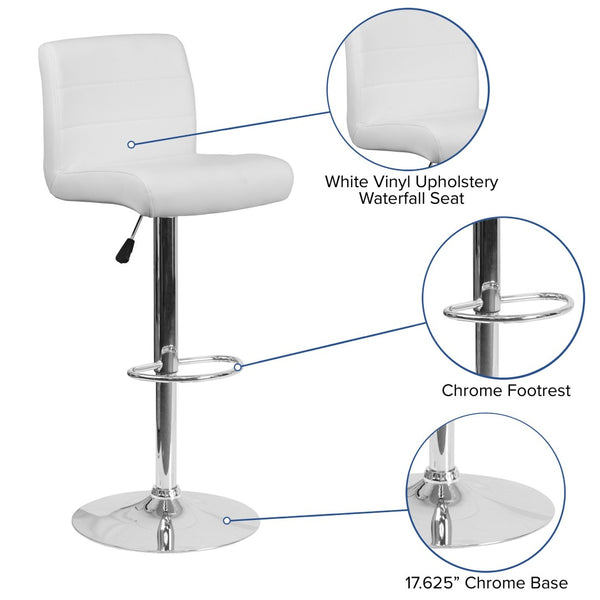 English Elm Scott Contemporary Vinyl Adjustable Height Barstool with Chrome Base for Modern Dining Spaces White DS-8101B-WH-GG