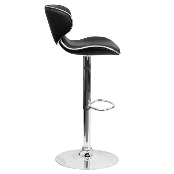 English Elm Devin Contemporary Mid-Back Vinyl Adjustable Height Barstool with Chrome Base for Modern Spaces Black DS-815-BK-GG