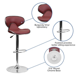English Elm Devin Contemporary Mid-Back Vinyl Adjustable Height Barstool with Chrome Base for Modern Spaces Burgundy DS-815-BURG-GG