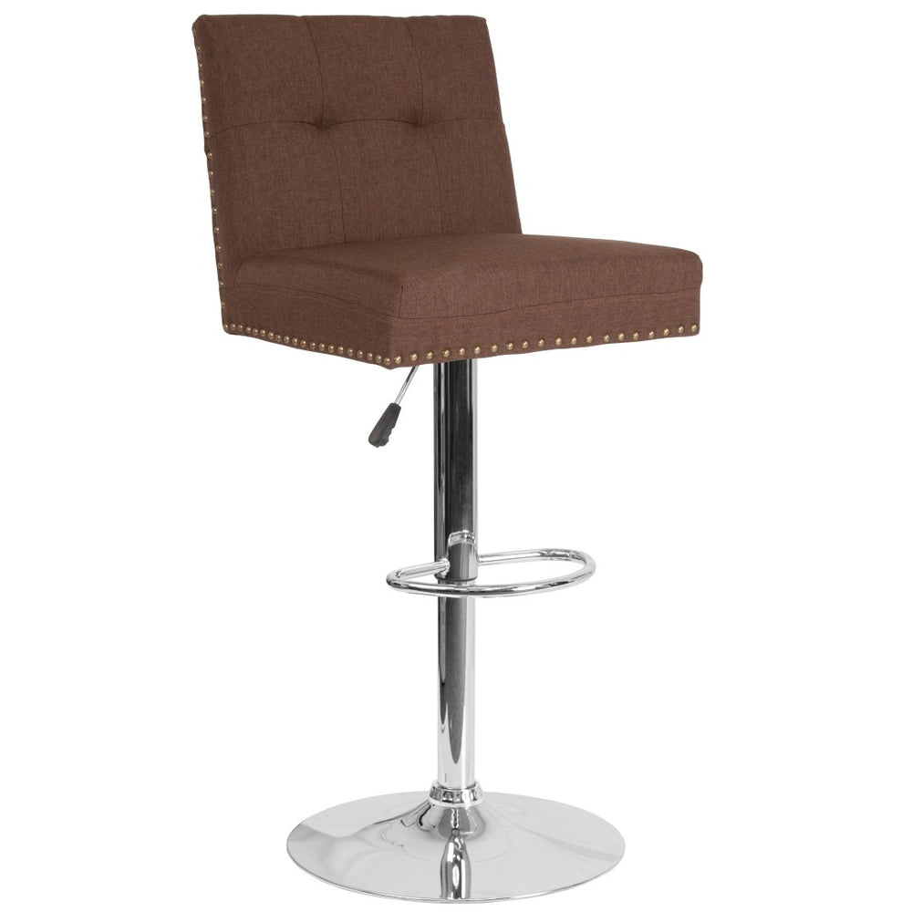 English Elm Ravello Adjustable Height Barstool with Nailhead Trim, Brown Fabric, Chrome Base - Stylish Comfort DS-8411-BRN-F-GG