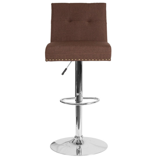 English Elm Ravello Adjustable Height Barstool with Nailhead Trim, Brown Fabric, Chrome Base - Stylish Comfort DS-8411-BRN-F-GG