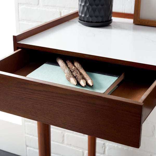 Safavieh Henley Mid-Century Modern 2 Drawer Desk For Home Office - Compact, Stylish & Functional Workspace White Marble / Brown DSK2100F