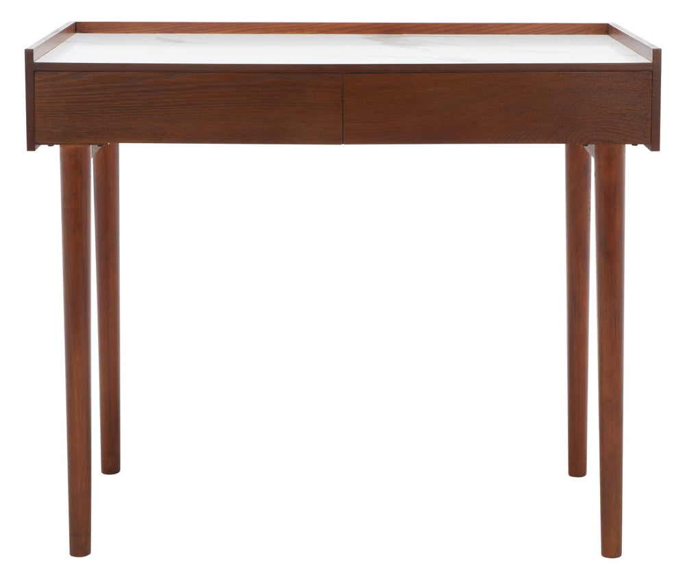 Safavieh Henley Mid-Century Modern 2 Drawer Desk For Home Office - Compact, Stylish & Functional Workspace White Marble / Brown DSK2100F