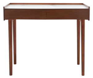 Safavieh Henley Mid-Century Modern 2 Drawer Desk For Home Office - Compact, Stylish & Functional Workspace White Marble / Brown DSK2100F
