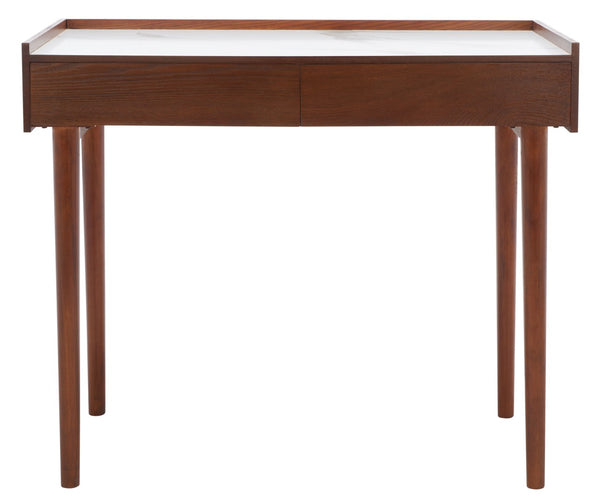 Safavieh Henley Mid-Century Modern 2 Drawer Desk For Home Office - Compact, Stylish & Functional Workspace White Marble / Brown DSK2100F