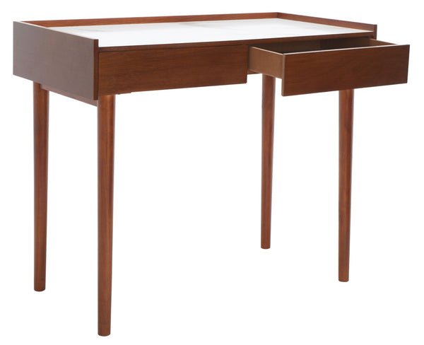 Safavieh Henley Mid-Century Modern 2 Drawer Desk For Home Office - Compact, Stylish & Functional Workspace White Marble / Brown DSK2100F