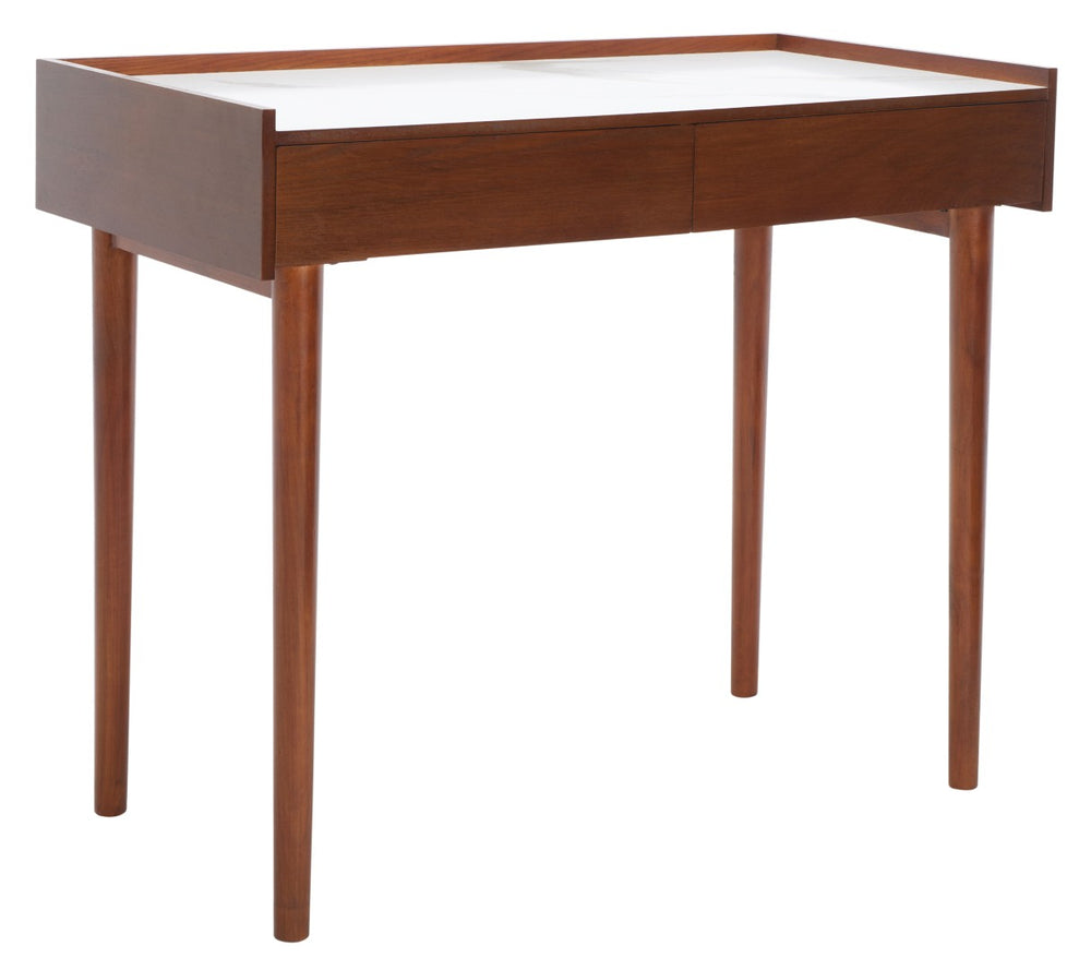 Safavieh Henley Mid-Century Modern 2 Drawer Desk For Home Office - Compact, Stylish & Functional Workspace White Marble / Brown DSK2100F