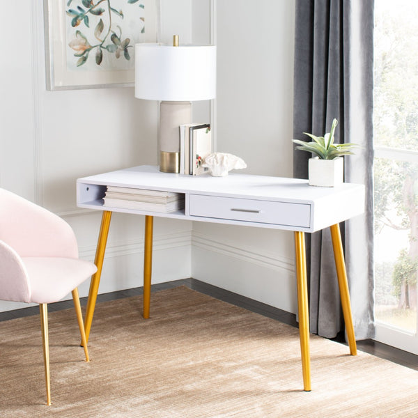 Safavieh Jorja Chic Contemporary Desk With Drawer And Open Shelf For Modern Home Office And Small Spaces White/Gold DSK2200C