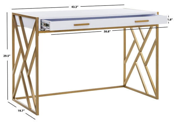 Safavieh Elaine 1-Drawer Desk - Modern Elegance With High-Gloss Finish And Stylish Geometric Frame Design White/Gold DSK2201A