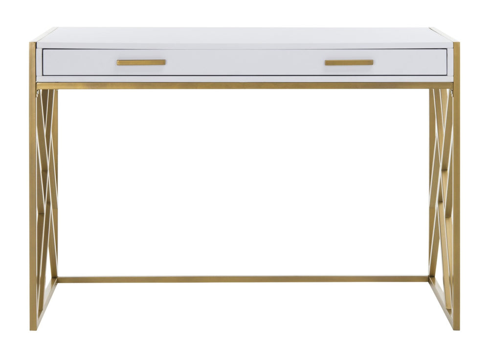 Safavieh Elaine 1-Drawer Desk - Modern Elegance With High-Gloss Finish And Stylish Geometric Frame Design White/Gold DSK2201A