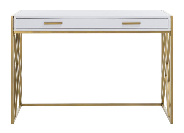 Safavieh Elaine 1-Drawer Desk - Modern Elegance With High-Gloss Finish And Stylish Geometric Frame Design White/Gold DSK2201A
