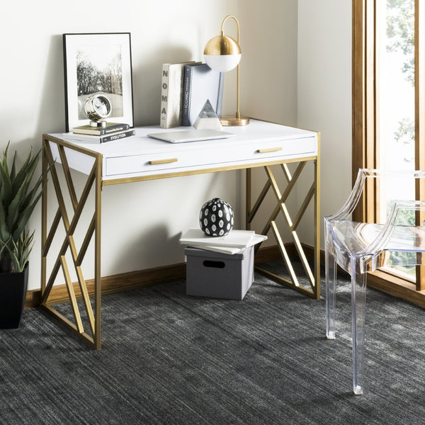 Safavieh Elaine 1-Drawer Desk - Modern Elegance With High-Gloss Finish And Stylish Geometric Frame Design White/Gold DSK2201A