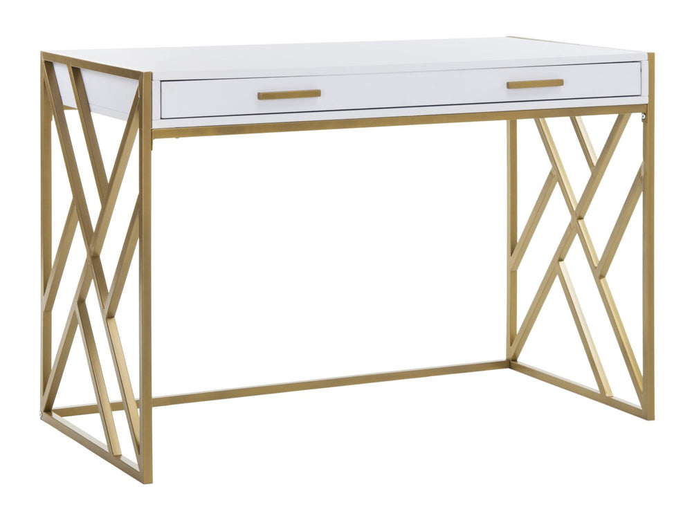 Safavieh Elaine 1-Drawer Desk - Modern Elegance With High-Gloss Finish And Stylish Geometric Frame Design White/Gold DSK2201A