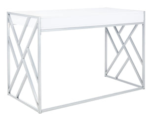 Safavieh Elaine 1-Drawer Desk - Modern Elegance With High-Gloss Finish And Stylish Geometric Frame Design White/Silver DSK2201B