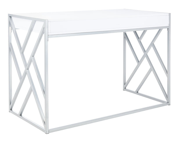 Safavieh Elaine 1-Drawer Desk - Modern Elegance With High-Gloss Finish And Stylish Geometric Frame Design White/Silver DSK2201B
