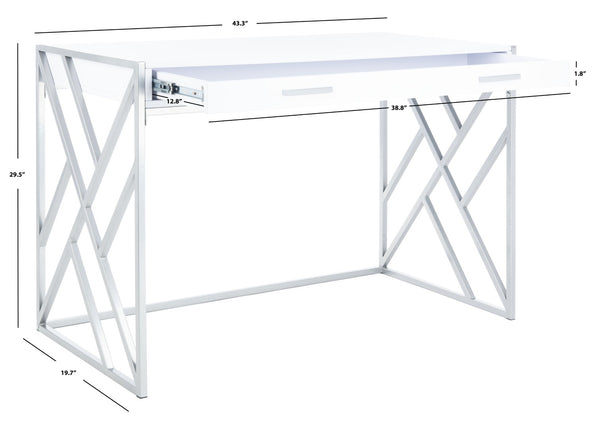 Safavieh Elaine 1-Drawer Desk - Modern Elegance With High-Gloss Finish And Stylish Geometric Frame Design White/Silver DSK2201B