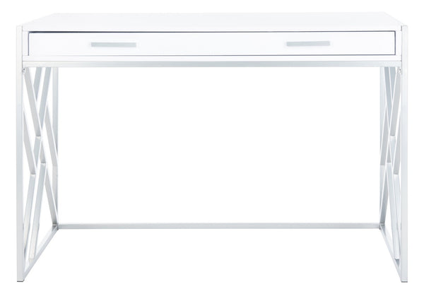 Safavieh Elaine 1-Drawer Desk - Modern Elegance With High-Gloss Finish And Stylish Geometric Frame Design White/Silver DSK2201B