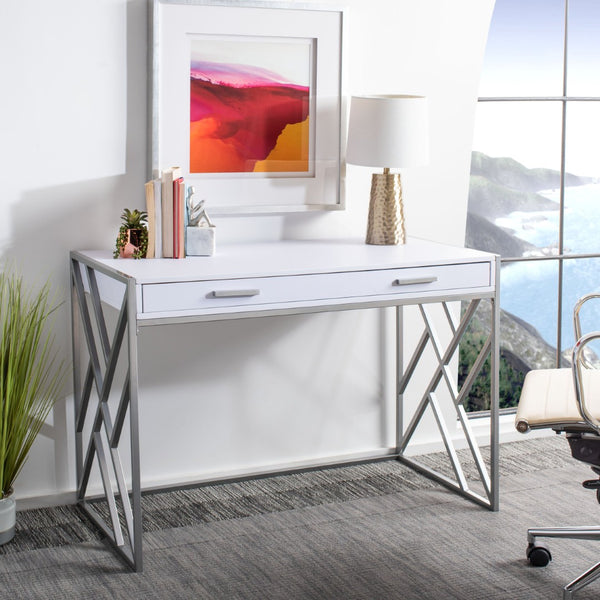 Safavieh Elaine 1-Drawer Desk - Modern Elegance With High-Gloss Finish And Stylish Geometric Frame Design White/Silver DSK2201B