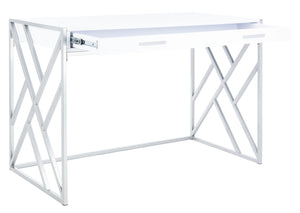 Safavieh Elaine 1-Drawer Desk - Modern Elegance With High-Gloss Finish And Stylish Geometric Frame Design White/Silver DSK2201B