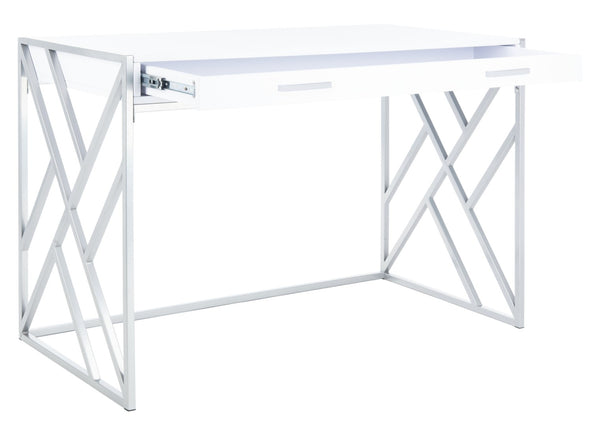 Safavieh Elaine 1-Drawer Desk - Modern Elegance With High-Gloss Finish And Stylish Geometric Frame Design White/Silver DSK2201B