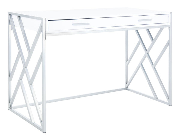 Safavieh Elaine 1-Drawer Desk - Modern Elegance With High-Gloss Finish And Stylish Geometric Frame Design White/Silver DSK2201B