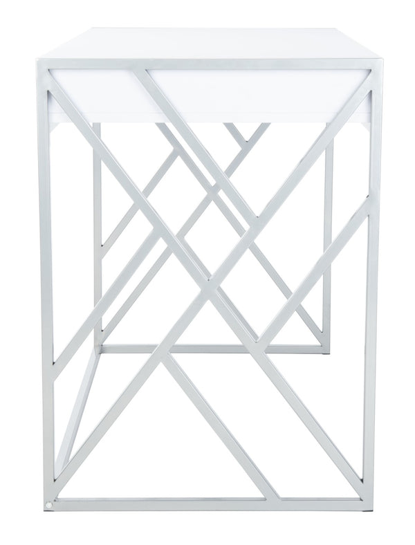 Safavieh Elaine 1-Drawer Desk - Modern Elegance With High-Gloss Finish And Stylish Geometric Frame Design White/Silver DSK2201B