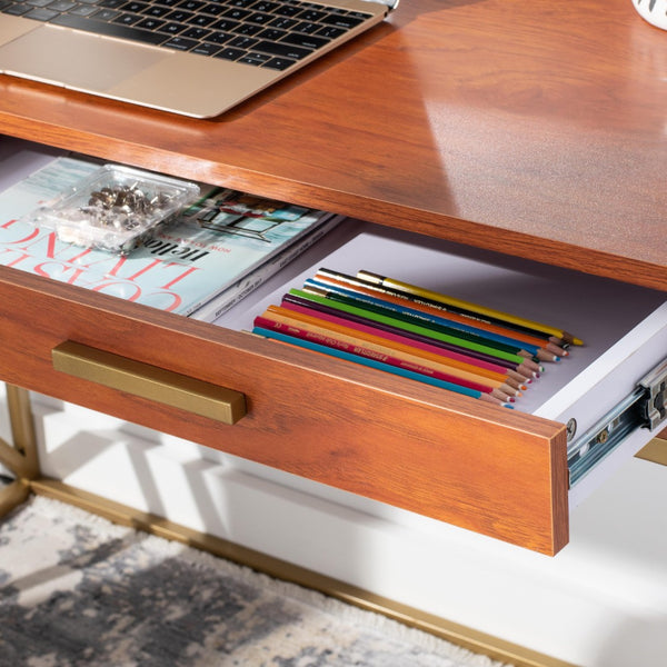 Safavieh Elaine 1-Drawer Desk - Modern Elegance With High-Gloss Finish And Stylish Geometric Frame Design Natural/Gold DSK2201C