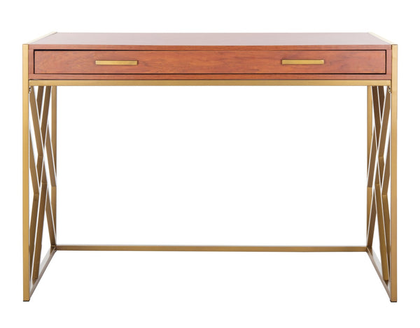 Safavieh Elaine 1-Drawer Desk - Modern Elegance With High-Gloss Finish And Stylish Geometric Frame Design Natural/Gold DSK2201C