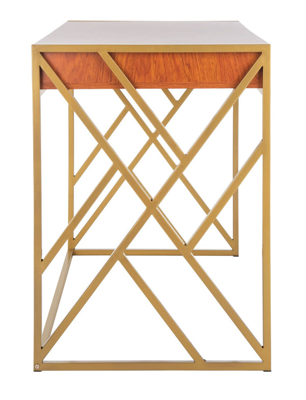 Safavieh Elaine 1-Drawer Desk - Modern Elegance With High-Gloss Finish And Stylish Geometric Frame Design Natural/Gold DSK2201C