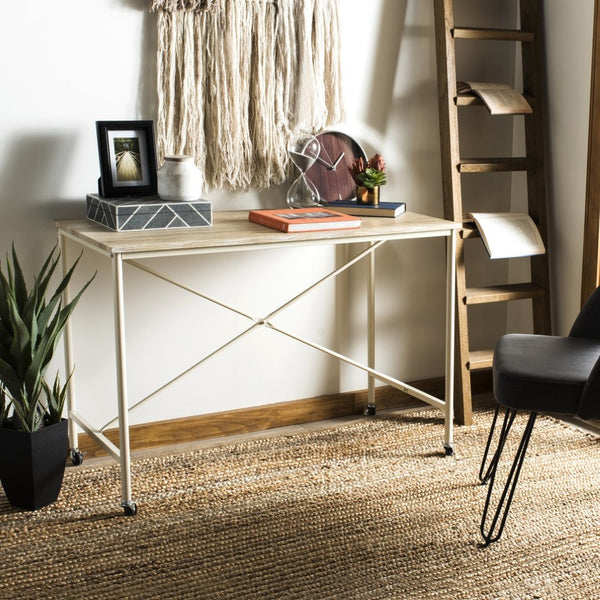 Safavieh Callie Modern Rolling Desk With Oak-Finish Top And Cream Metal Frame For Home Or Office Use DSK2204A