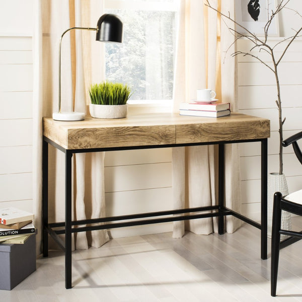 Safavieh Patrick Modern 2 Drawer Desk With Oak Finish And Black Metal Frame For Stylish Home Office Setup DSK2207A