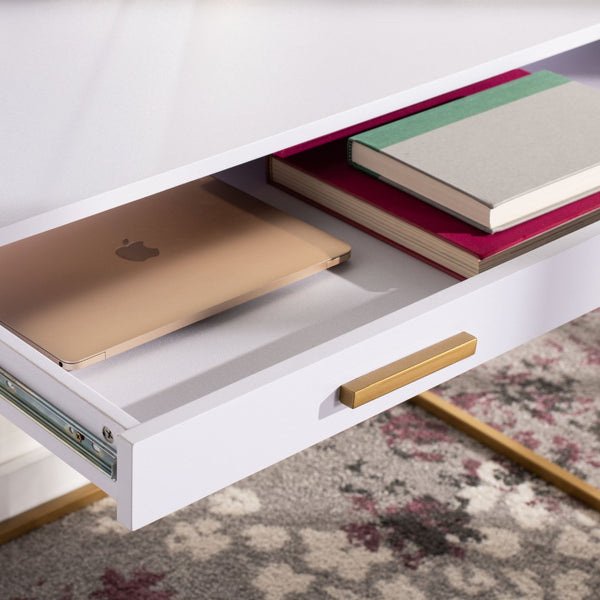 Safavieh Elodie Modern One-Drawer Desk In Bright White With Glam Gold Frame – Perfect For Home Office & More! DSK2209A