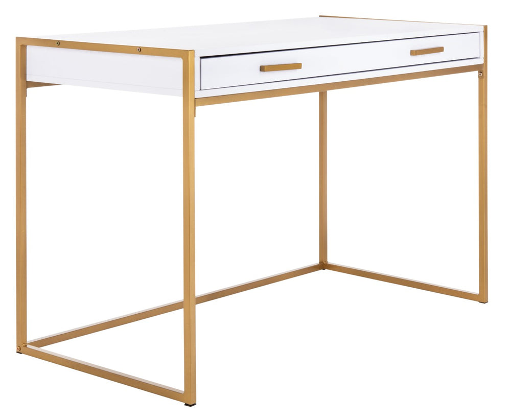 Safavieh Elodie Modern One-Drawer Desk In Bright White With Glam Gold Frame – Perfect For Home Office & More! DSK2209A