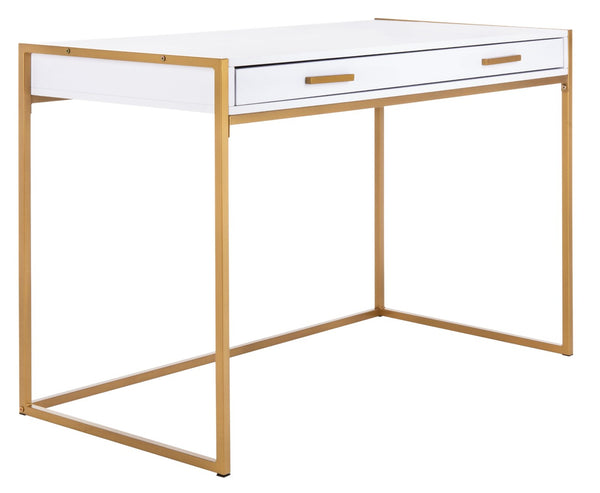Safavieh Elodie Modern One-Drawer Desk In Bright White With Glam Gold Frame – Perfect For Home Office & More! DSK2209A