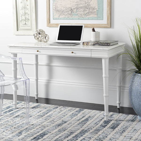 Safavieh Noely Modern Coastal Single Drawer Writing Desk With Bamboo-Inspired Frame For Stylish Workspaces White/Gold Handle DSK3500A